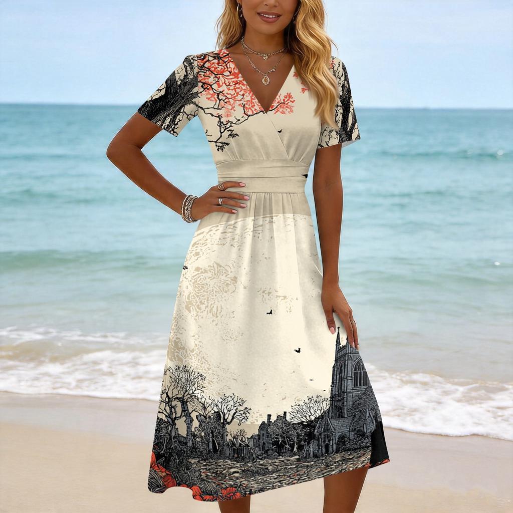 Women Casual Halloween Print V Neck Short Sleeve Dress Midi Length A Line Silhouette Comfortable Fit