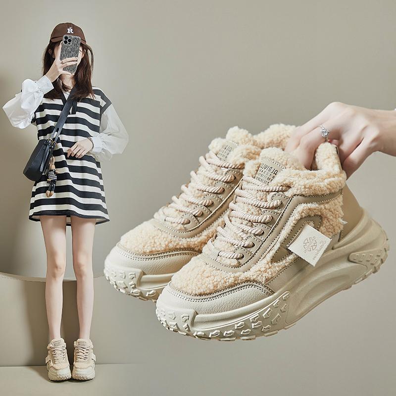 MCTIN Shoes for Women Winter Plush Chunky Sneakers Lace Up Casual Thick Soled Warm Shoes
