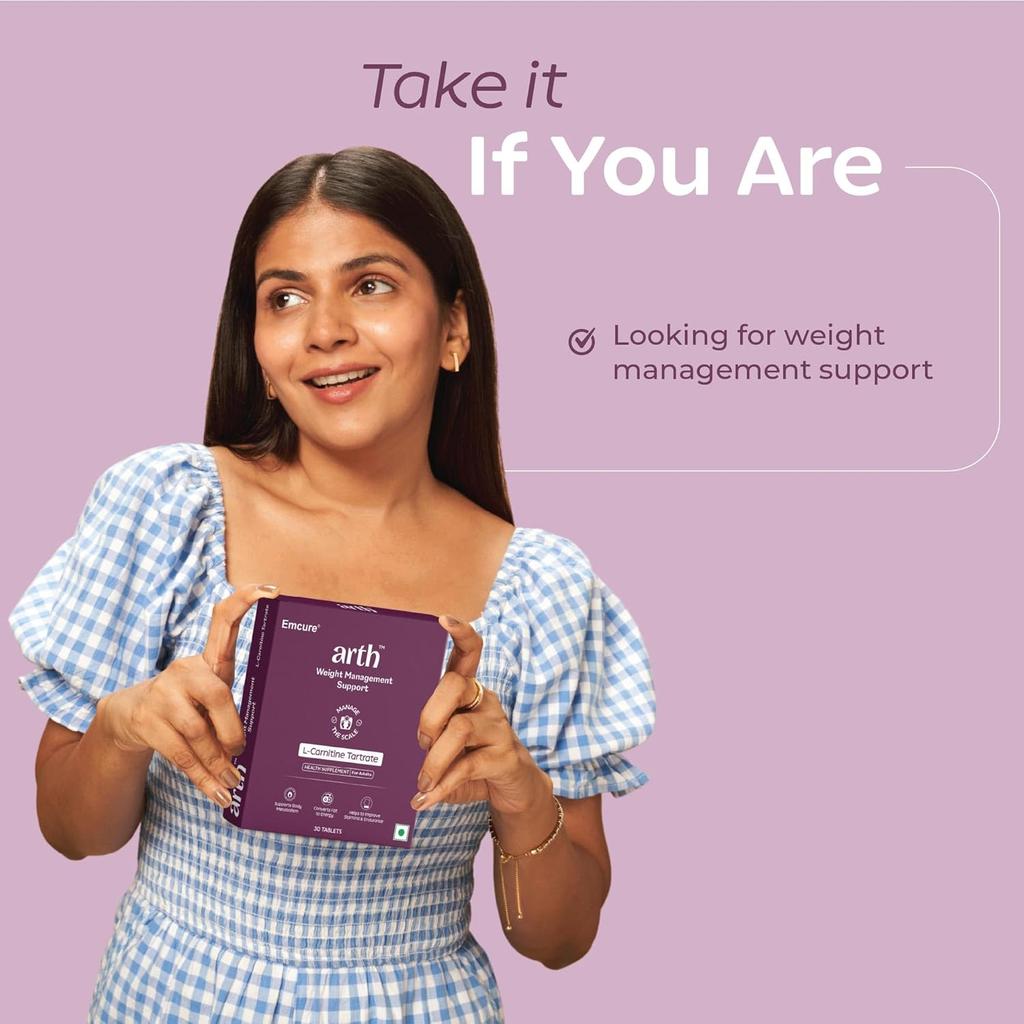 Emcure Arth Weight Management Supplement 1500 mg L-Carnitine Tartrate 30 Veg Tablets for Men and Women