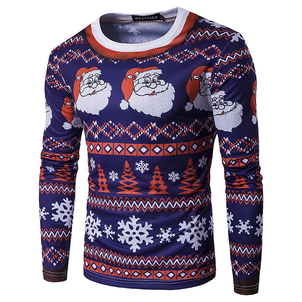 Men's Round Neck Slim Fit Long Sleeve Top Christmas Print T-shirt