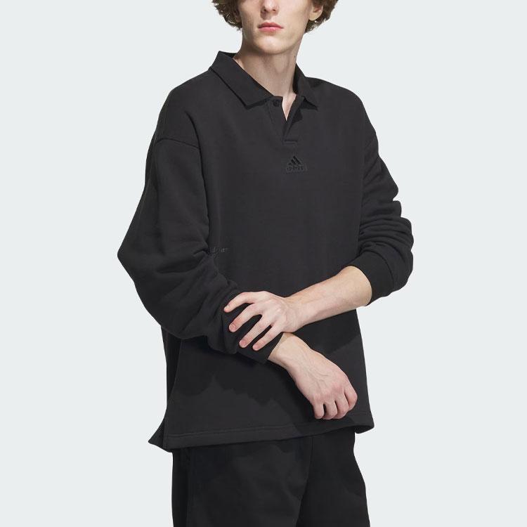 Adidas Heavy French Terry Polo Shirt Solid Logo Loose Long Sleeve Polo Unisex Polo Shirts Black IT3972