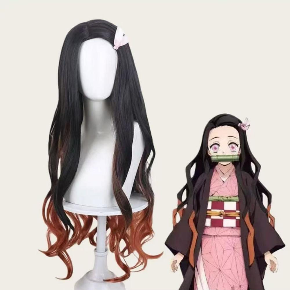 HAIRJOY Synthetisch Haar Kamado Nezuko Cosplay Pruik Lang Krullend Midden Scheiding Halloween Pruik 26inches gray