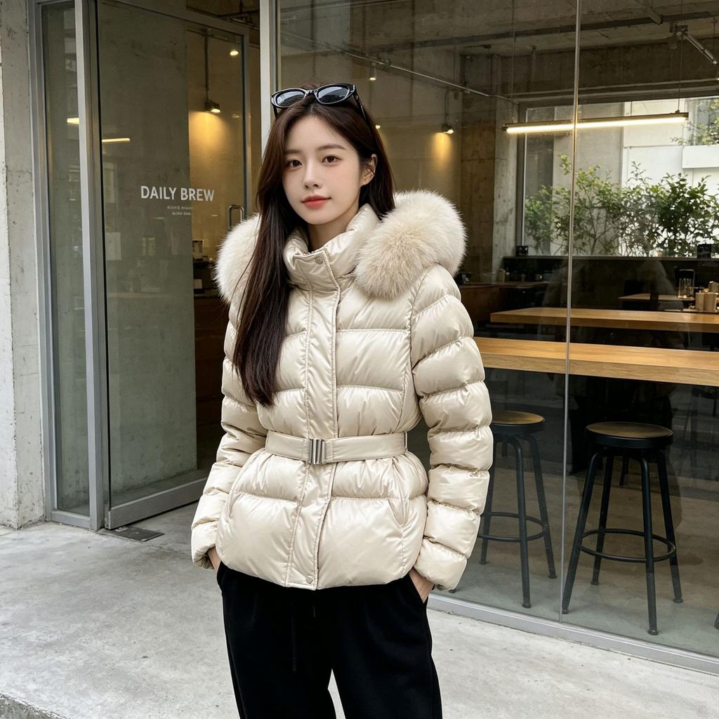 Winter new down cotton clothes big raccoon fur collar hooded waist strapped cotton clothes thickened and thin cold-proof jacket tide