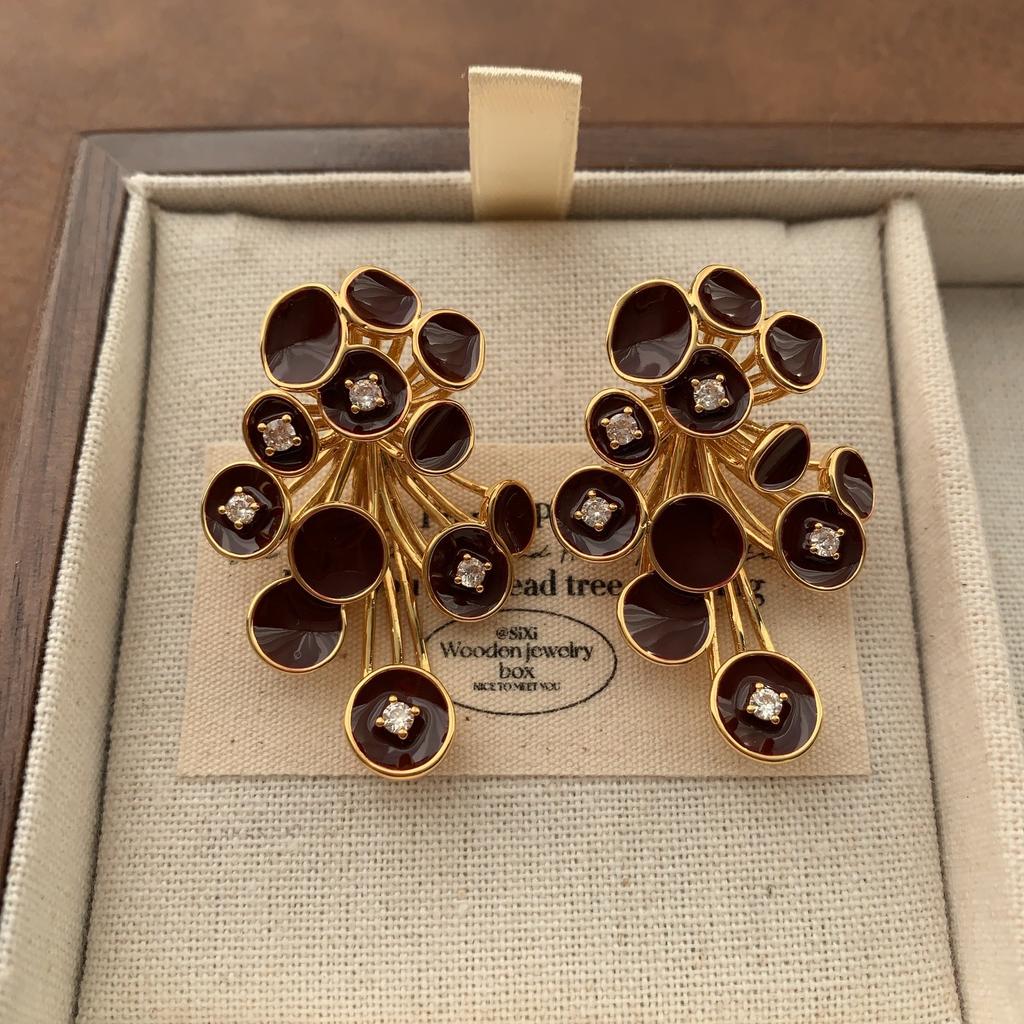 Burgundy Enamel Flower Ring Earrings Earrings Women'S Fashion Personality Temperament Advanced Sense Light Luxury Exquisite Autumn And Winter Earrings