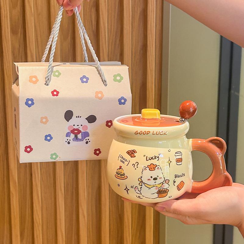 Birthday Gift Cute Cream Puppy Water Cup Girls Ceramic Mug with Lid Girlfriend Children Practical Souvenir