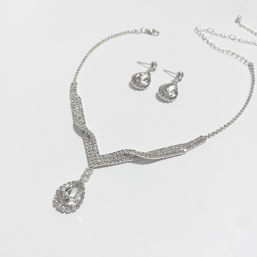 Luxury Korean Versatile Rhinestone Jewelry, Bridal Wedding V-Collar Jewelry Wedding Dress Earrings Necklace Set