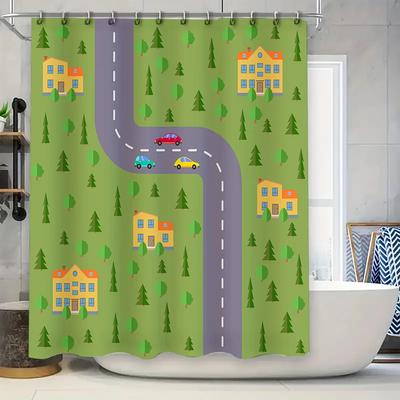 Children's Cartoon Shower Curtain with Colorful Houses and Trees Green Background Pattern Decorative Fabric for Bathrooms