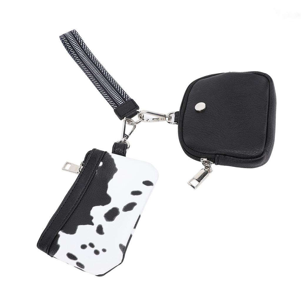 Mini Zip Wristlet Wallet Water Resistant Detachable Fashionable Dual Pouch Coin Purse Keychain for Cards Cash Coin Keys Cosmetics Cows Black White