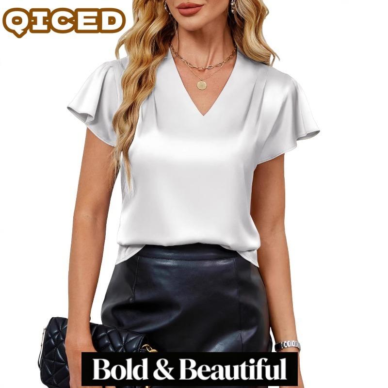 QICED Damen Mode Lässig Einfarbig Druck V-Ausschnitt Kurzarm Blusen & Hemden