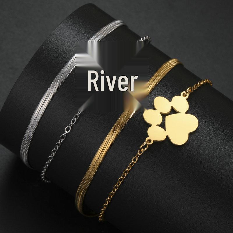 Stainless Steel Paw Print Heart Double-Layer Adjustable Bracelet