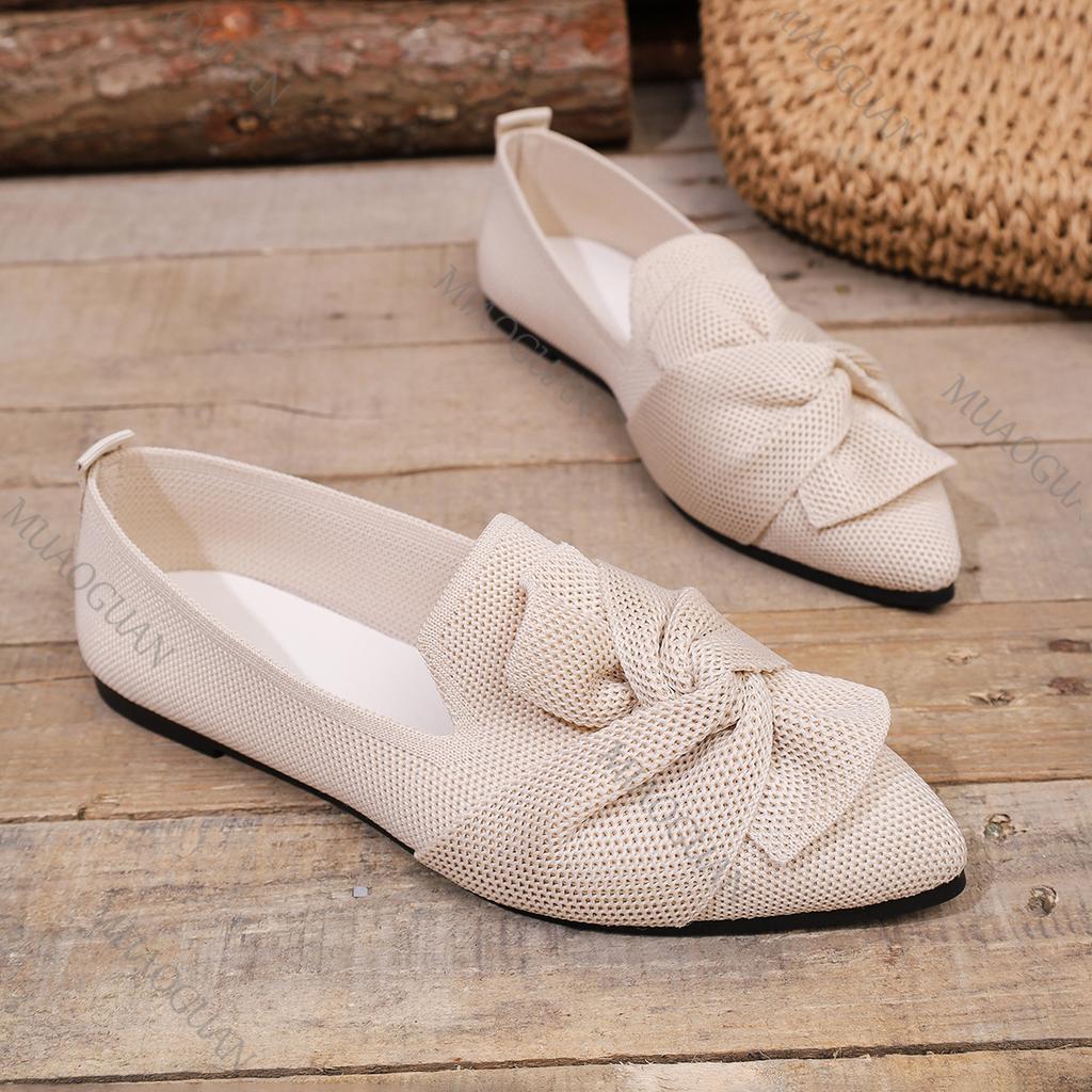 Fashion 2025 Spring and Autumn Pointed Head Flat Single Shoes 2025 New Large Size Knitted Slip Breathable Solid Color Shoes Casual Flats