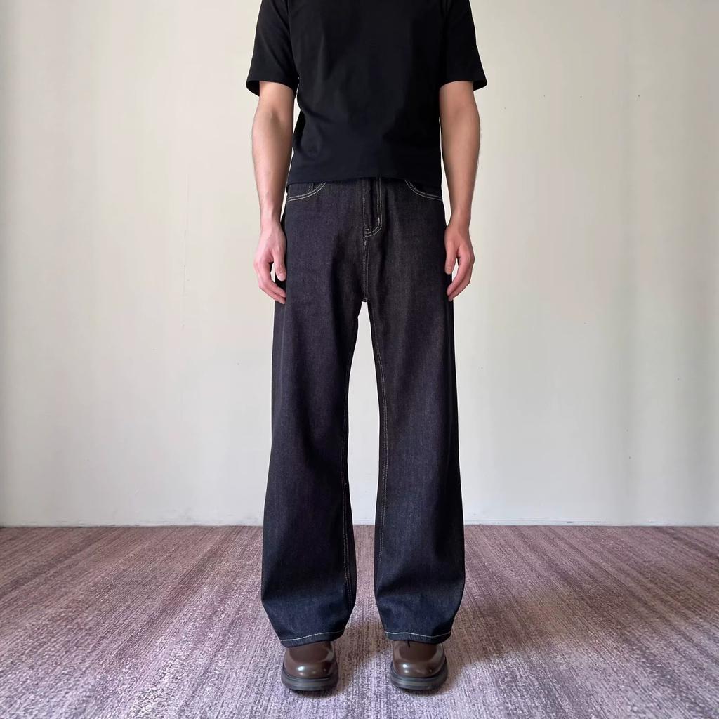 American casual simple minimalist versatile solid color jeans men's loose straight wide legs mopping long pants men's clothing