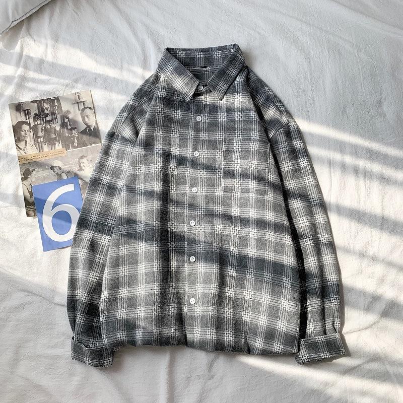 

Осенняя синяя клетчатая рубашка Мужская рубашка с длинным рукавом Куртка в корейском стиле Свободная и красивая в гонконгском стиле Защита от солнца Парная одежда Мужская XXXL серый