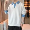 Men's Denim Contrast Polo Collar Sweatshirt Casual Layered Look Pullover