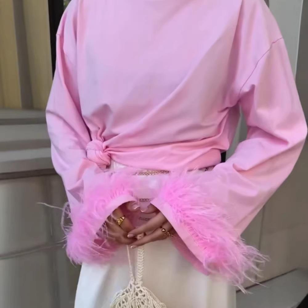 Women S Oversize Long Sleeve T Shirt With Flared Cuffs Fur Trim