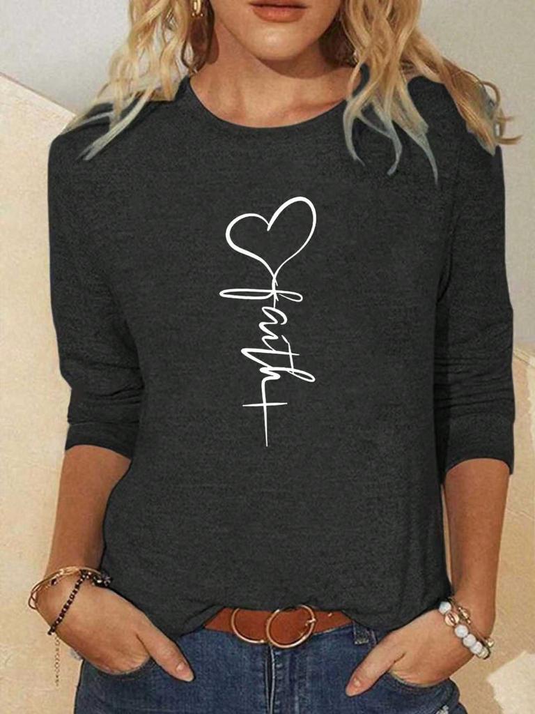 Women's Long-Sleeved Loose Round-Neck Top Elegant Solid Color Polyester Knitted T-Shirt Autumn and Winter Fashion Heart Pattern