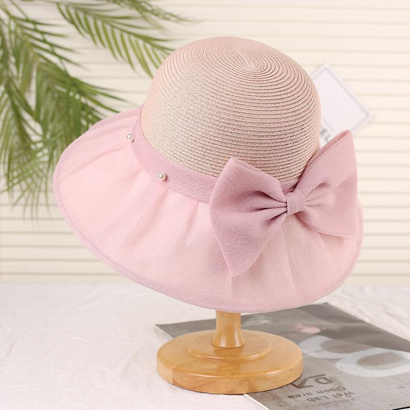 Summer Seaside Sunscreen Straw Hat Women's Big-brimmed Sun Hat Showing Face Small Bucket Hat Pearl Bow Beach Hat