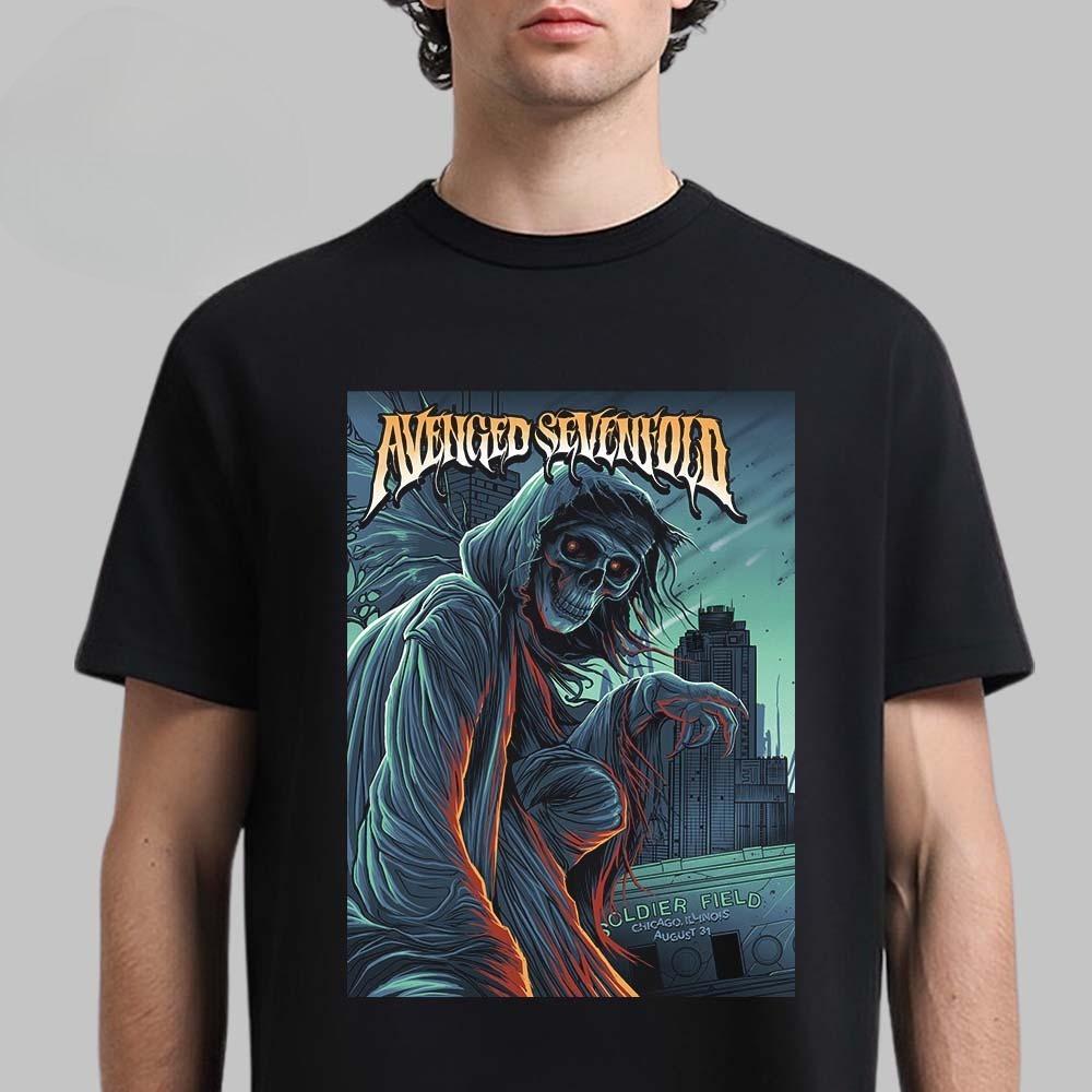 Hot Avenged Sevenfold Chicago 2025 Pop Up Venue Tee At Soldier Field On August 31 2025 The Reaper Two Sided T-Shirt