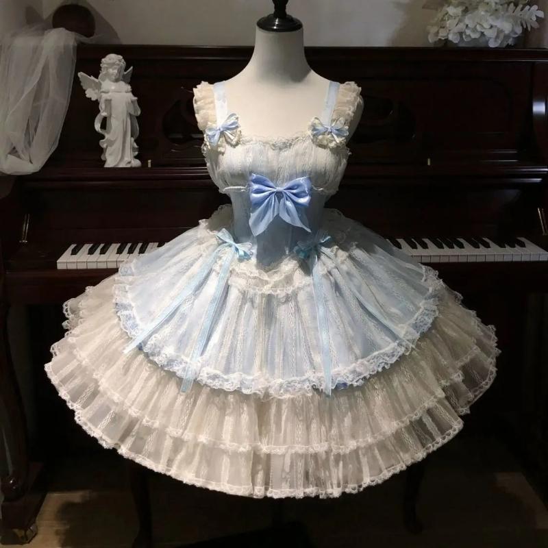 Vestito Lolita Cosplay Kawaii Stile Giapponese Donna Vintage Dolce Pizzo Fiocco Volant Vestiti a Torta Harajuku Y2k Vestito Stretto a Fasciatura