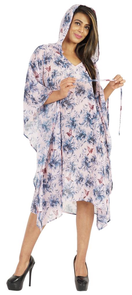 Moomaya Women  s Short Hoodie Kaftan Loose Tunic Kimono Sleeve Mini Beach Cover Up