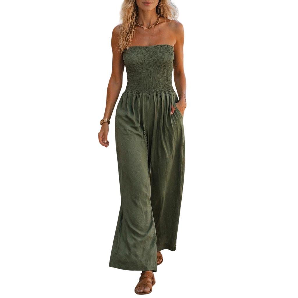 Damen Casual Trägerloser Jumpsuit Gerüschtes Schlauchoberteil Weite Hosen Ärmelloser Sommer-Romper mit Taschen