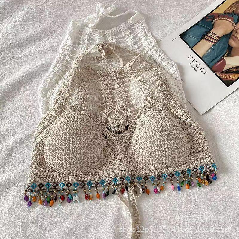 Seaside Fashion Sexy Suspender Vest Lace-up Knitted Beach Beauty Back Holiday Backless Tube Top Hollow Short Top