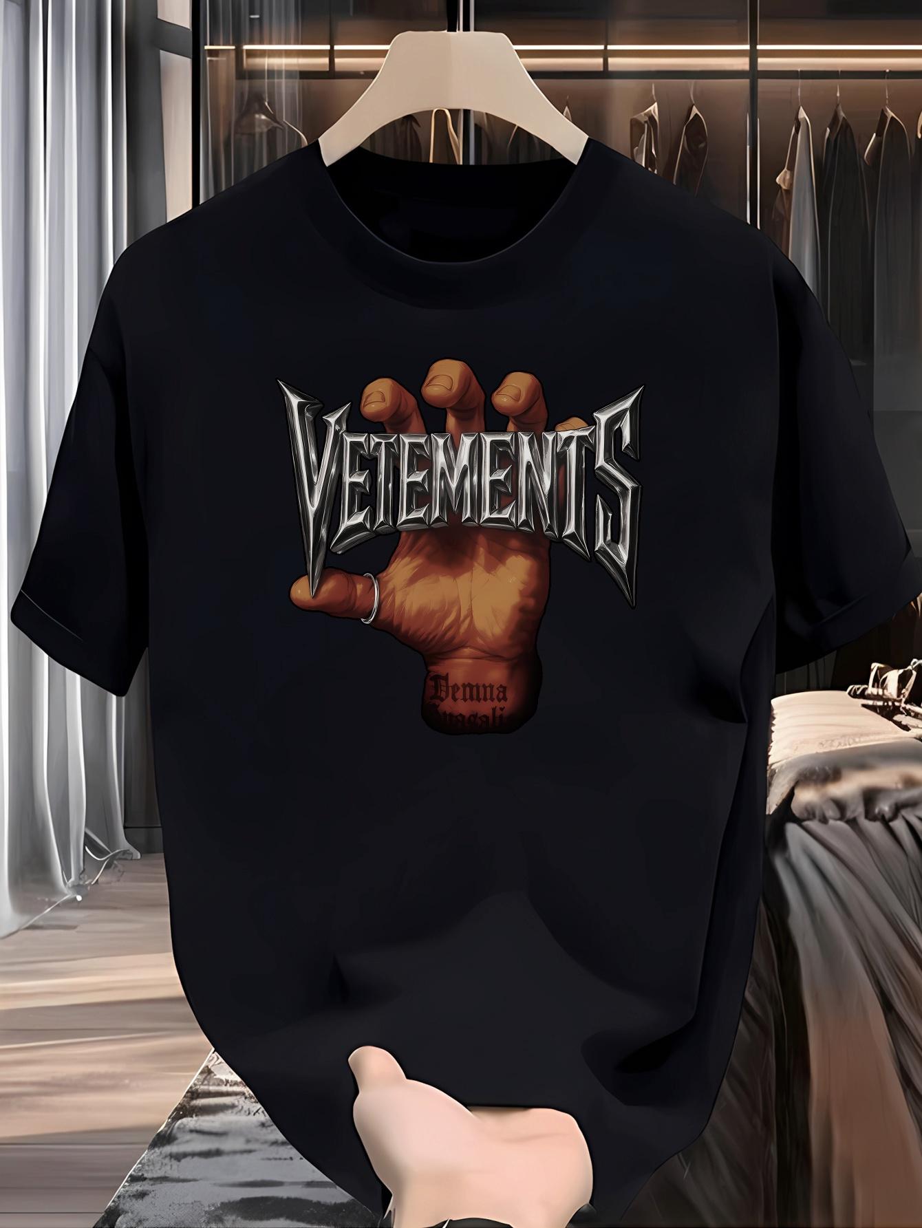 VETEMENTS Graphic Fist Print T-shirt - Black Casual Crew Neck Tee with Bold Lettering S