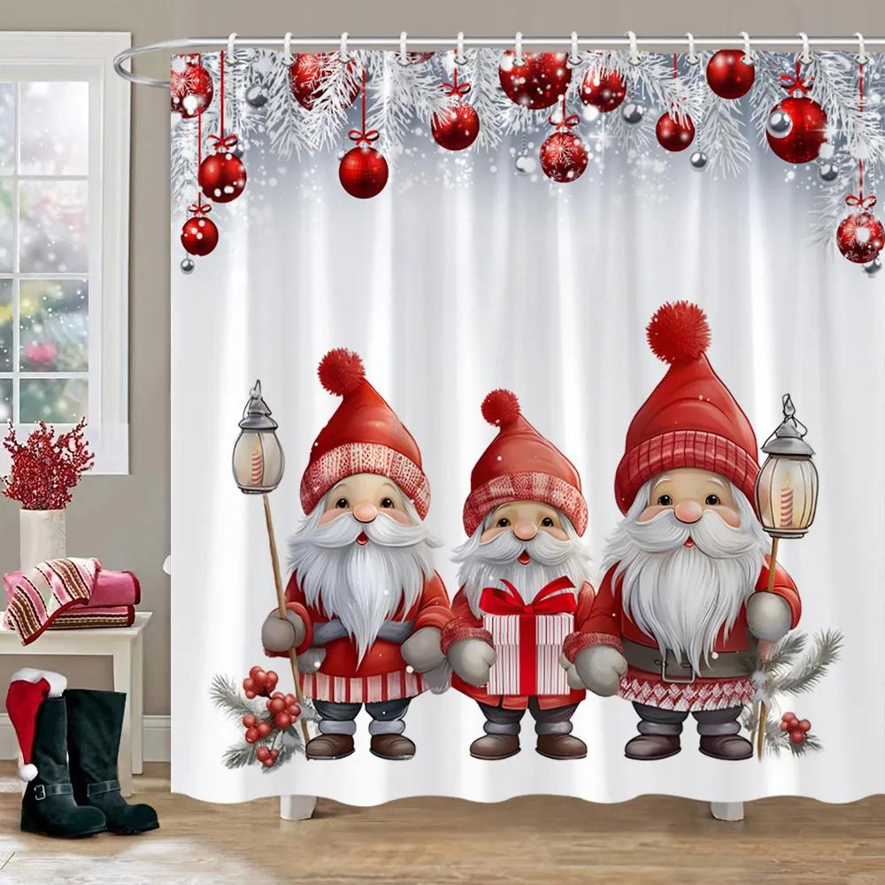 Christmas Theme Shower Curtain Winter Snow Christmas Tree Deer Rustic Wooden Panel Fabric Washable Shower Curtain Bathroom Decor