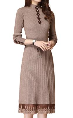 SECOND ROOTS Kleid mit Spitze und Tunnelzug Bluse Elegant und Schön für Saum, Strick, Taille, Design, Herbst/Winter, Beige, 5A-R04-BEXL