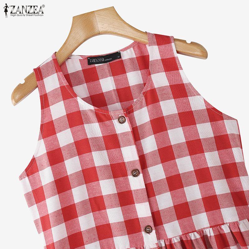 ZANZEA Women Grid Print Loose Casual Sleeveless Dress
