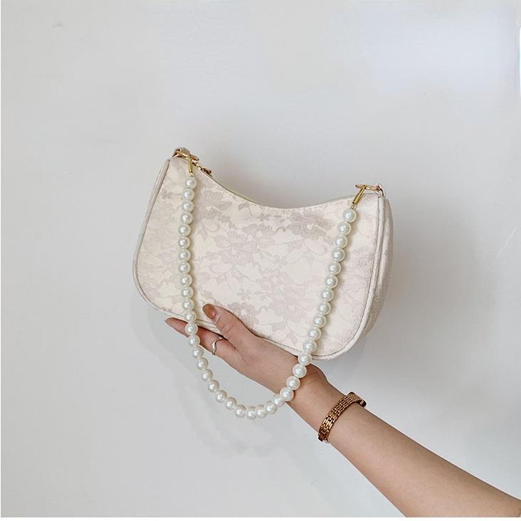 

Винтажная женская сумка с кружевным цветком, однотонная жемчужная цепочка, сумка через плечо, женская дорожная сумка для хранения бежевый