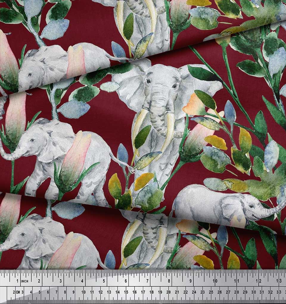 Soimoi Japan Crepe Satin Fabric Leaves,Floral & Elephant Animal Printed Craft Fabric by the metre 42 Inch