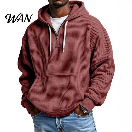 Easy Wear Versatile Outerwear Men Waffle Texture Sweatshirt, Loose Fit Long Sleeve Pullover Tops with Oversized Knit Sweatshirt for Front Pocket,