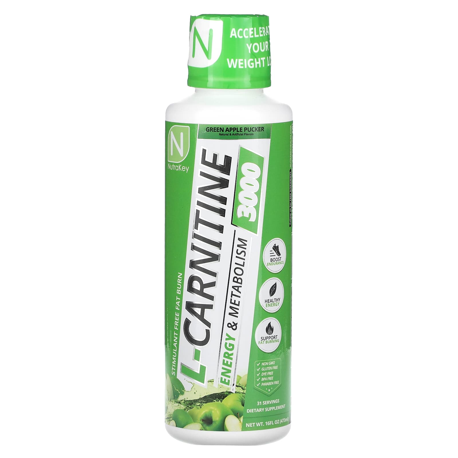 

Nutrakey, L-Carnitine 3000, Green Apple Pucker, 16 fl oz (473 ml)