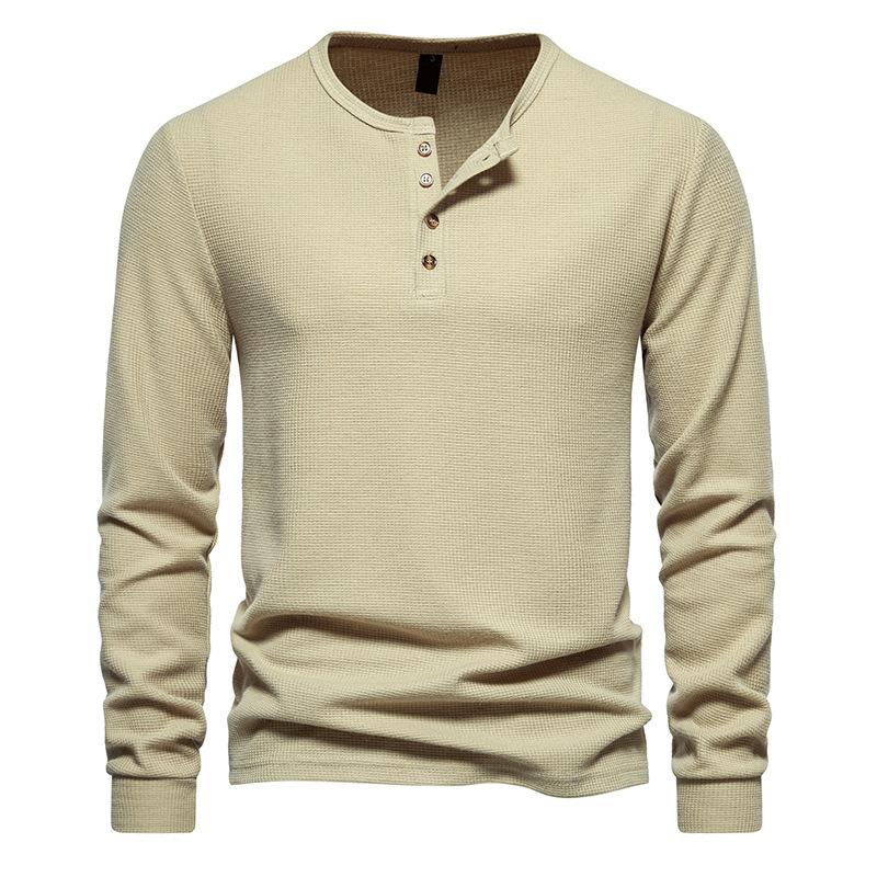 

Spring Autumn Round Neck Solid Color Bottomed Tee Male Long Sleeve Buttonss Pullover T-shirt Men All-match Top S хаки