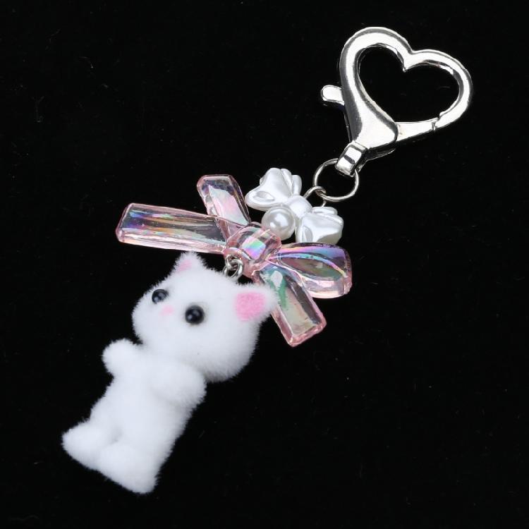 Cute Flocking Animal Keychain Cat Bear Doll Bowknot Pendant Keyring Accessories
