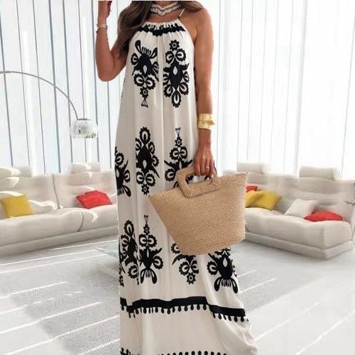 2026 new bohemian print neck dress seaside vacation beach dress women s summer loose S