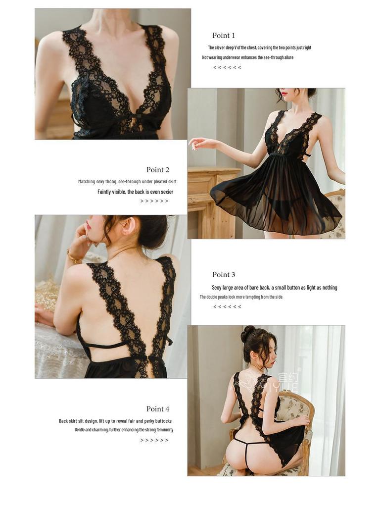 Yi Yue Dámská sexy krajková noční košilka plus size s rozparkem vzadu - Průhledný evropský a americký styl, 8100