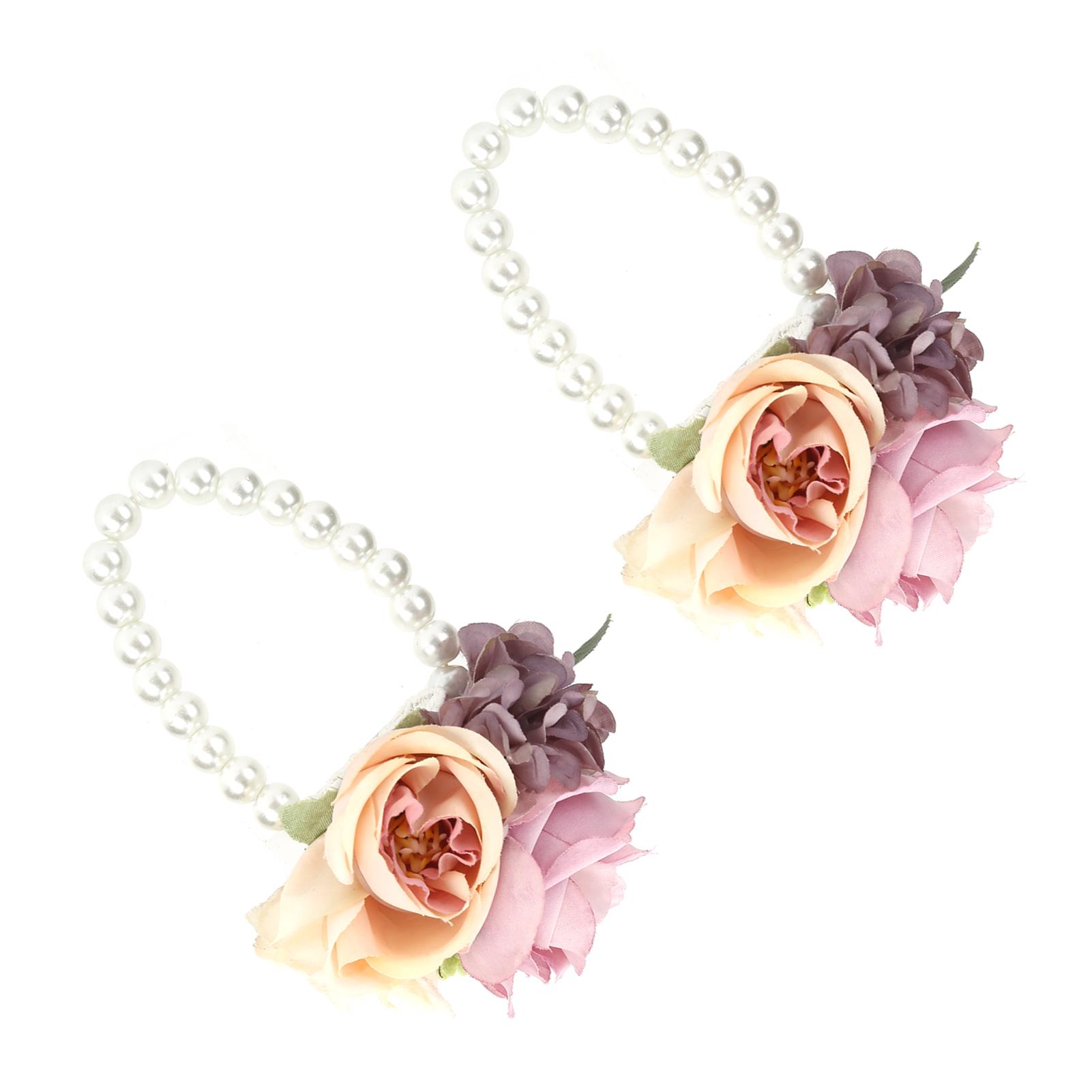 

2Pcs/Bag Purple Artificial Wrist Flower Faux Pearl Bracelet for Wedding Anniversary Cocktail Party Dance Formal Dinner