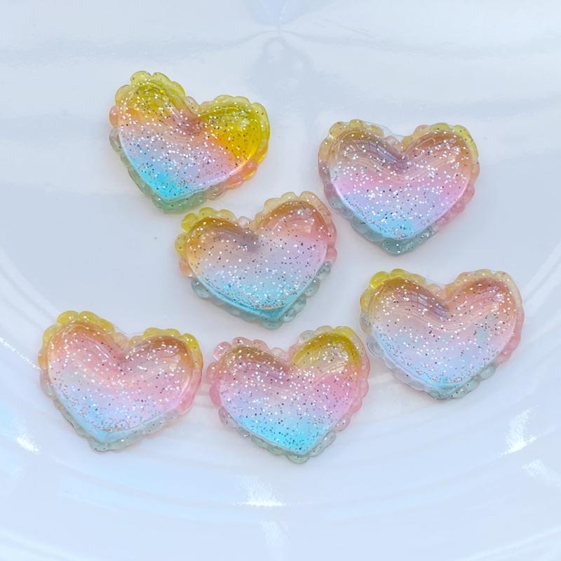 10Pcs New Cute Resin Shiny Tricolor Heart Flat Back Cabochon Scrapbook Kawaii DIY Embellishments Accessories
