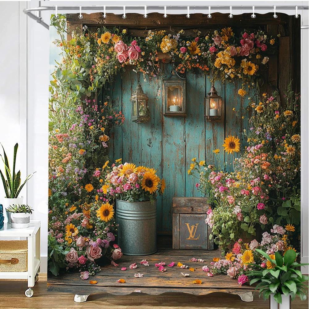 Beautiful Country Garden Flowers House Style Printed Fabric Shower Curtain Bathroom Curtain,home Decoration Curtain with Hooks