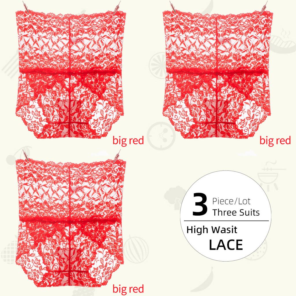 3Pieces/Lot High Waist Light Sexy Elastic Lace Women's Panties, Pure Cotton Crotch Comfortable Non-marking Breathable Lightweight Underwear Briefs
