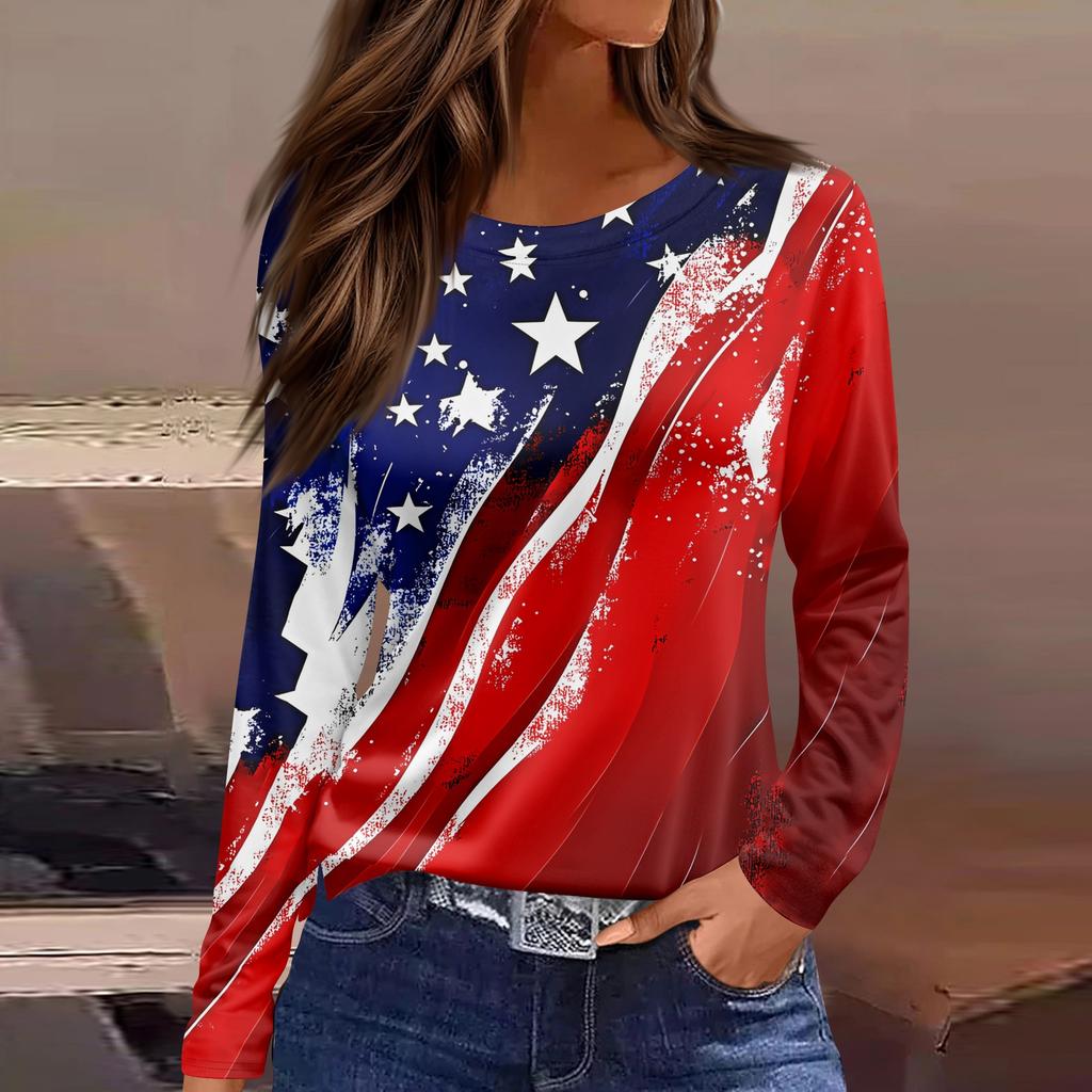 Women's Fashion Casual Slit Hem Round Neck Long Sleeve Loose Printed T-Shirt Ladies Top