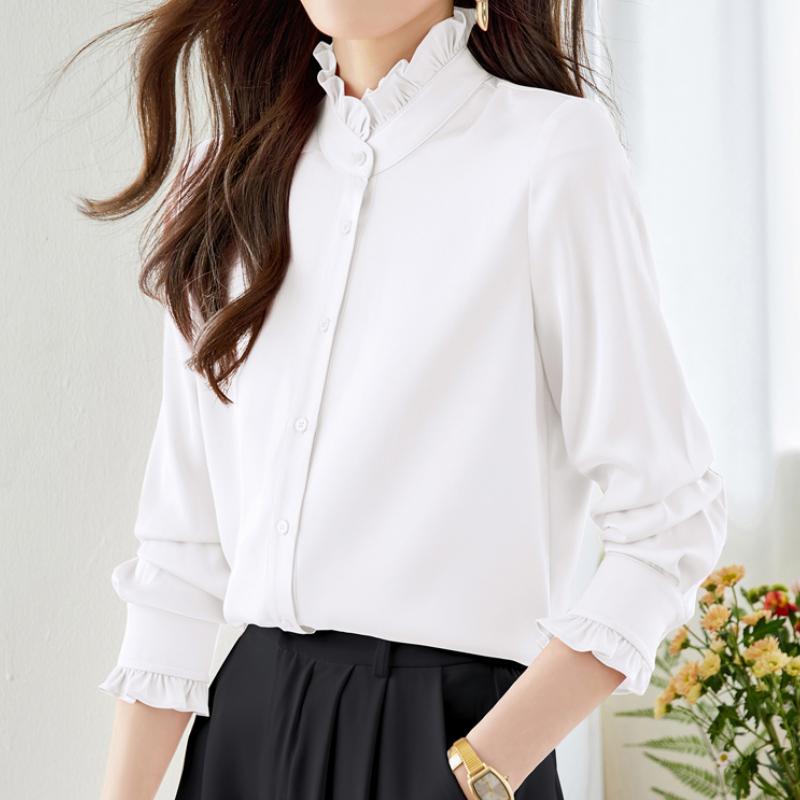 Spring New Long Sleeve Elegant Women Shirts Autumn Button Up Solid Ruffles Collar Women Casual Blouses Tops Fashion Vintage Office Ladies Shirt 26080
