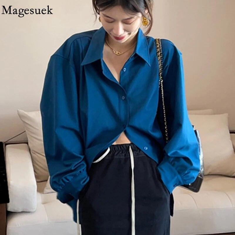 

Корейская модная офисная женская рубашка большого размера, осенняя женская рубашка с отложным воротником и длинными рукавами, повседневная блузка, женские топы Mujer 18349