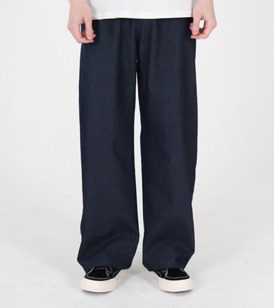 Beoteunseoul Curved Wide Denim Elastic Waist Pants [Deep Blue Indigo]