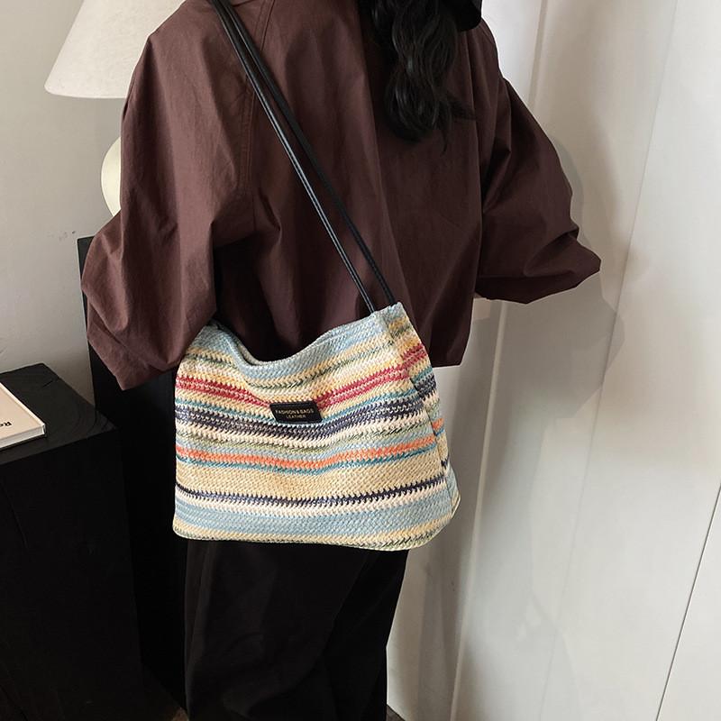 Stylish Large Capacity Rainbow Striped Woven Tote Bag For Trendy Daily Commute