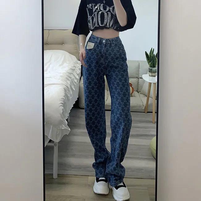Pantaloni larghi in denim jacquard Love estivi a vita alta larghi dritti da mocio sezione sottile