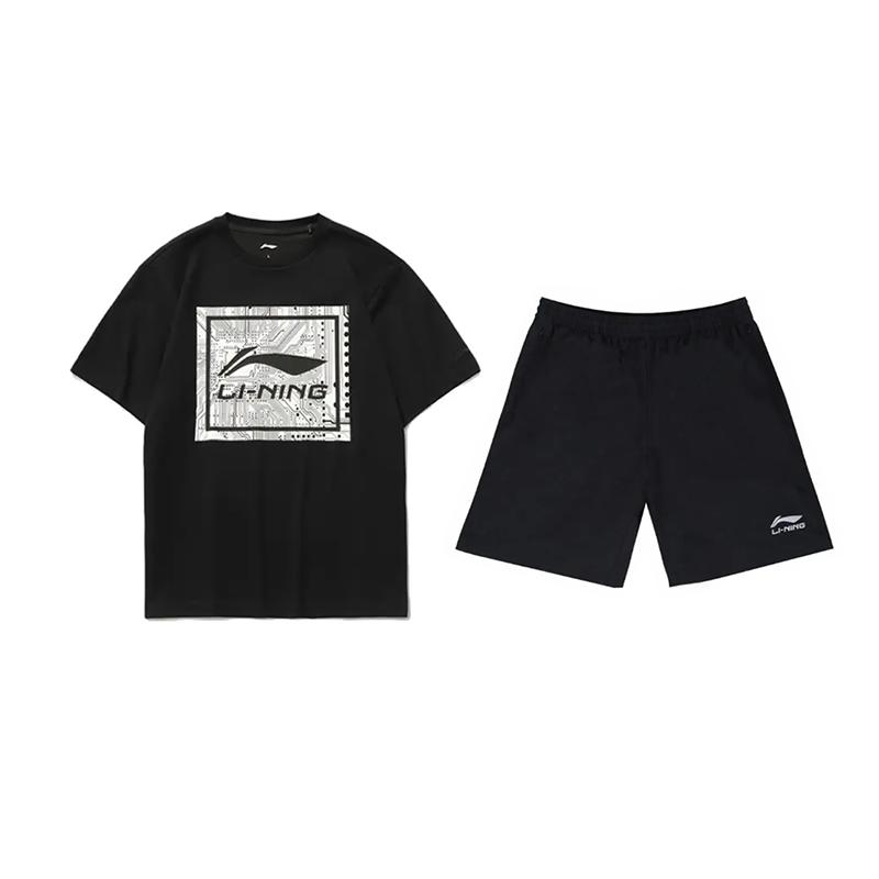 Li Ning Letter Logo Printed Fashion Comfortable Summer Round Neck Pullover Short Sleeve T-Shirt Casual Sports Set Unisex Tops AHSUA15-2+YKSV147-2