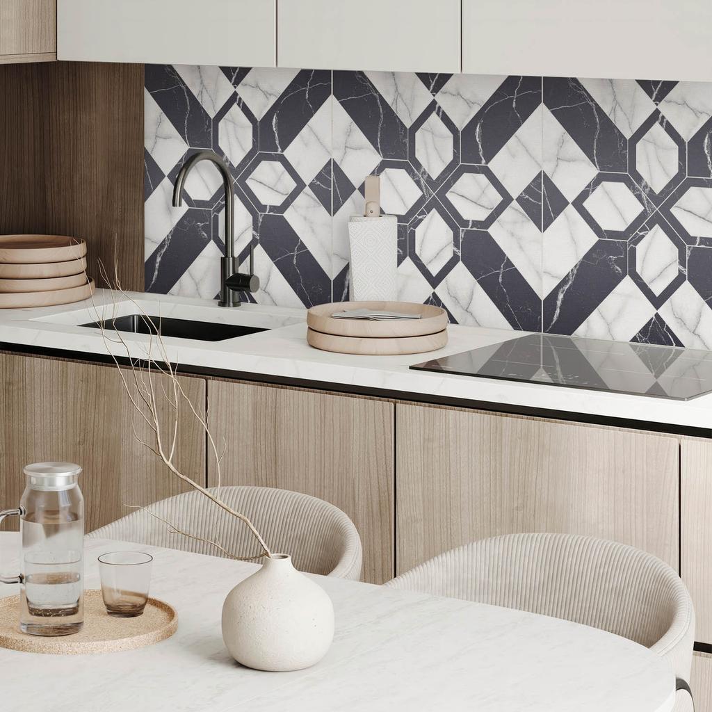 Ready-to-install Vinyl Tiles with Decorative Print, Geometric Marble Pattern, 4x50x50 Cm